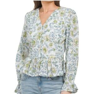 7 For All Mankind Eyelet Floral Peplum Top Blouse Ruffle Cuff Women’s Size Small